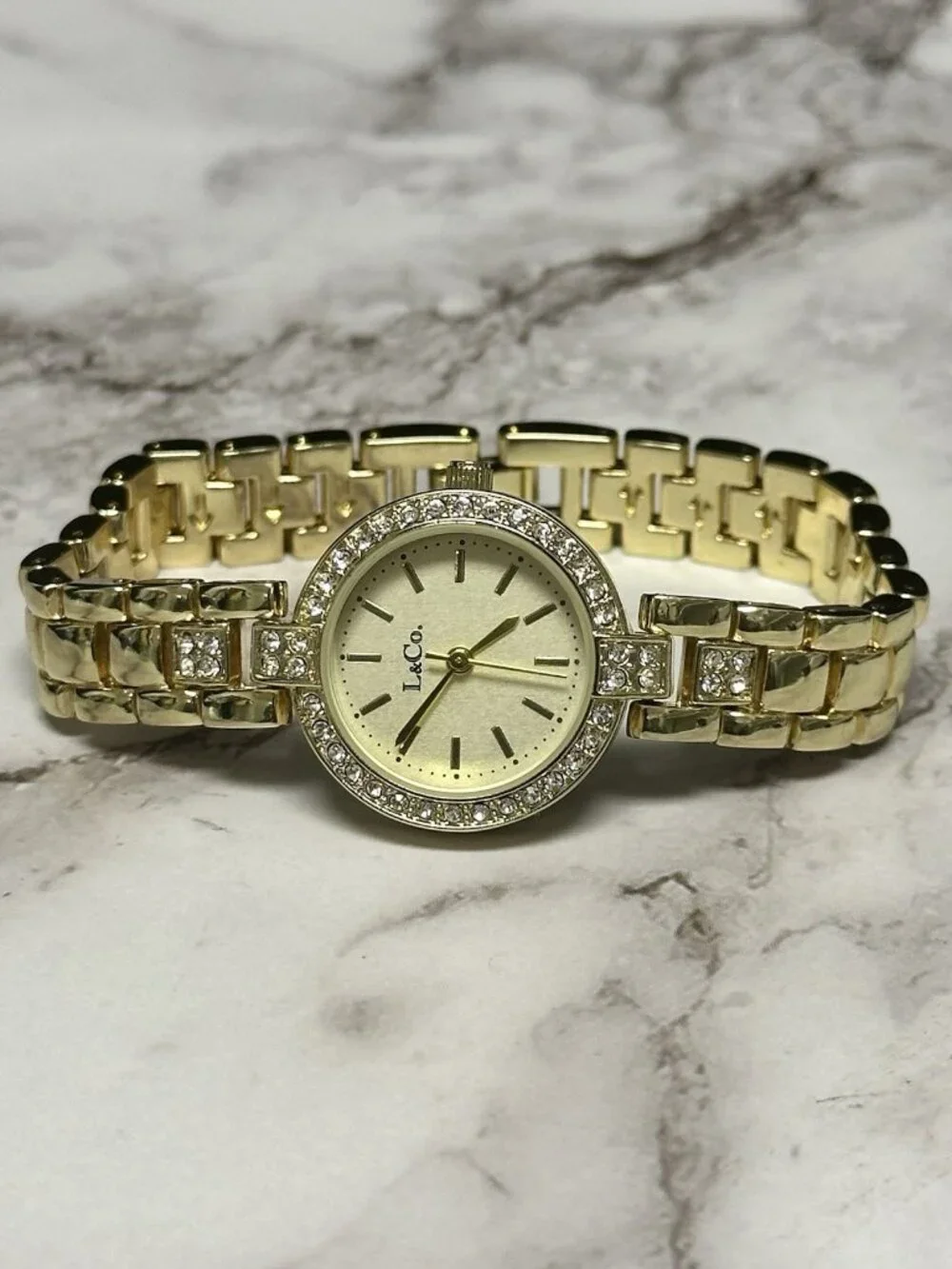 3/$30 L & Co Watch Women Gold Tone Round Dial Crystal Bezel New Battery 7.25